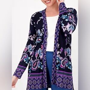 Susan Graver Women's Cardigan - Black, Purple, and Blue Floral NWOT